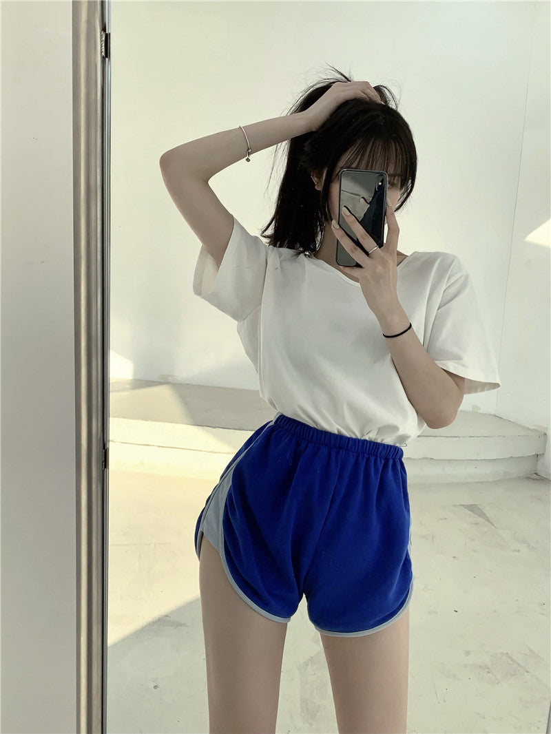 Blue Shorts High Waist Wide Legs Slim Pants