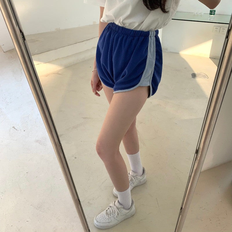 Blue Shorts High Waist Wide Legs Slim Pants