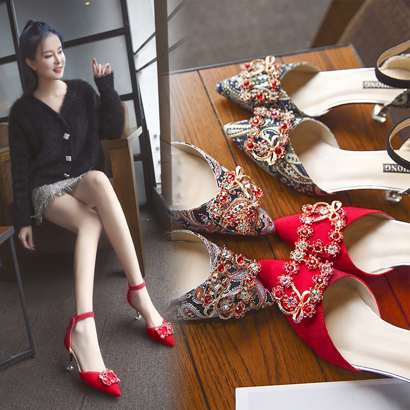Pointed Toe Hollow Stiletto High-heeled Shoes With Rhinestone Square Buckle Red Bridal Shoes