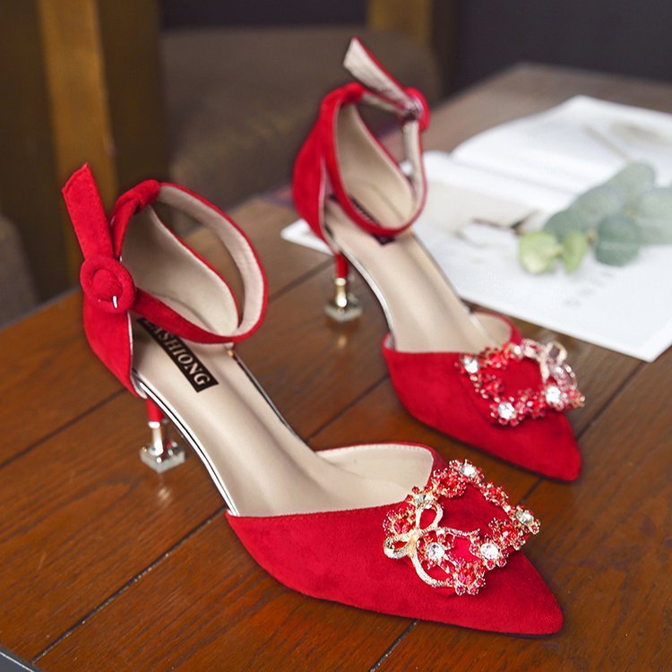 Pointed Toe Hollow Stiletto High-heeled Shoes With Rhinestone Square Buckle Red Bridal Shoes