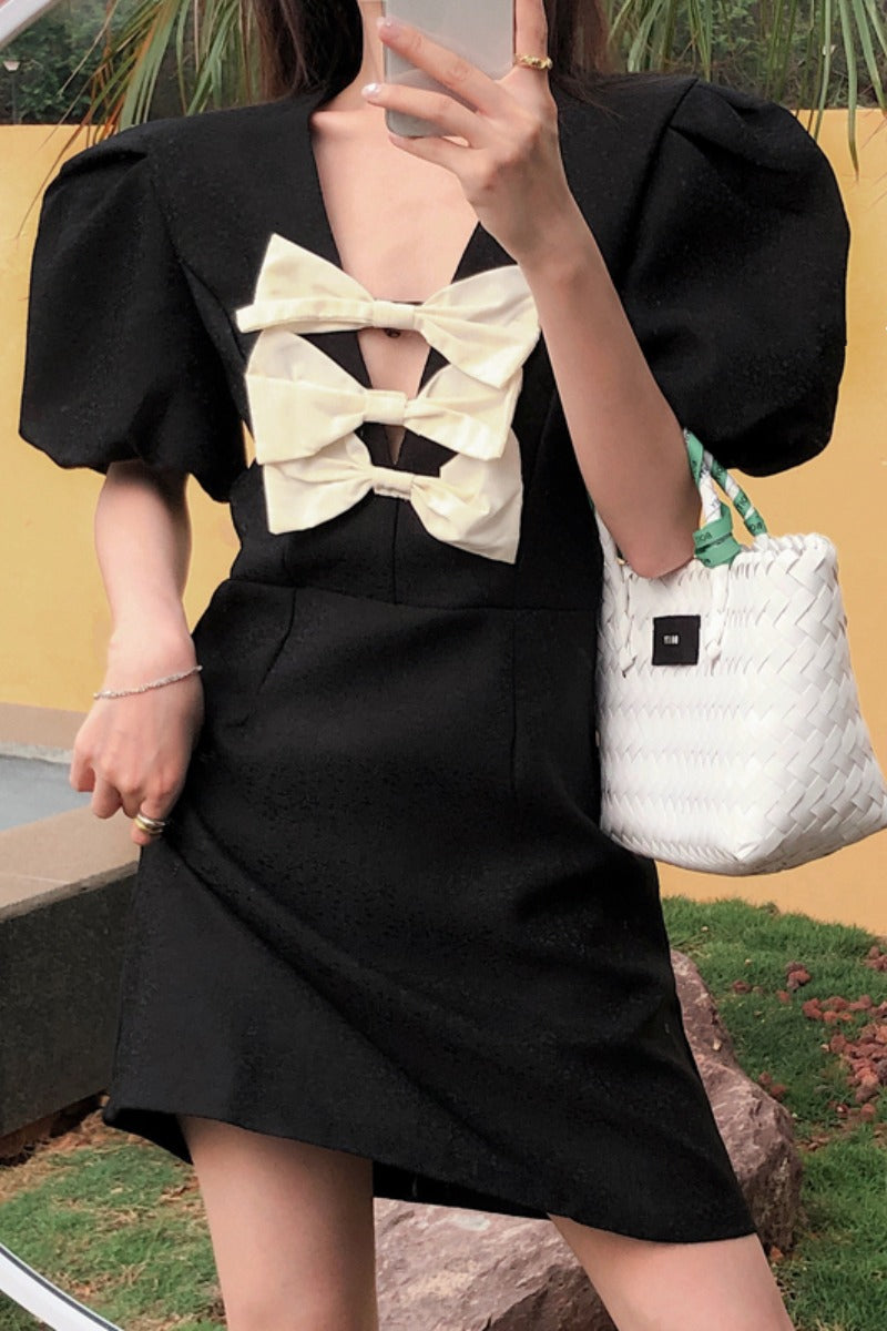 Dress Female Bowknot French Retro Waist Short Skirt