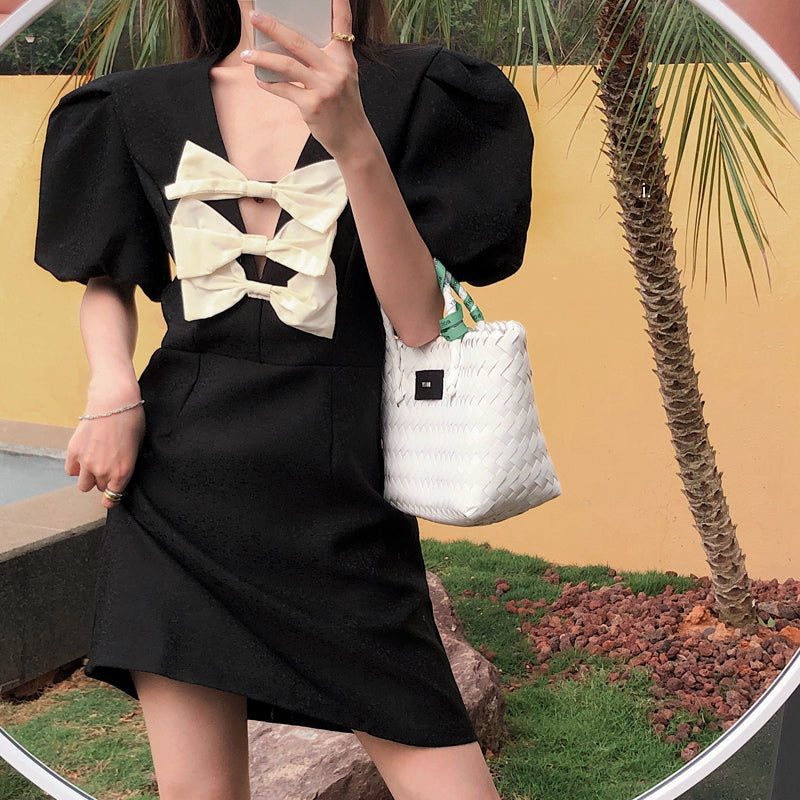 Dress Female Bowknot French Retro Waist Short Skirt