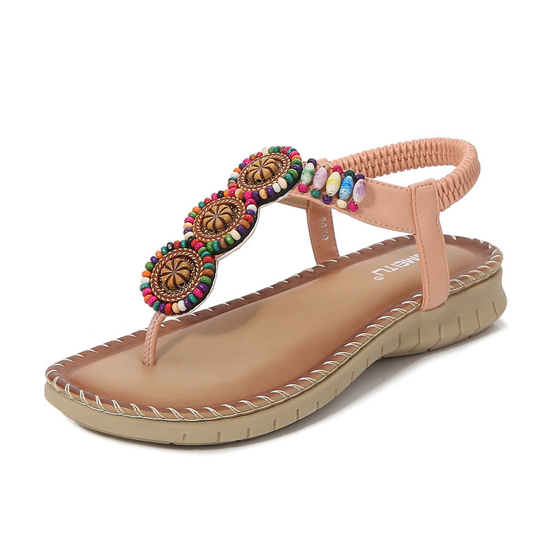 Women's Flat Sandals With A Buckle And Beads