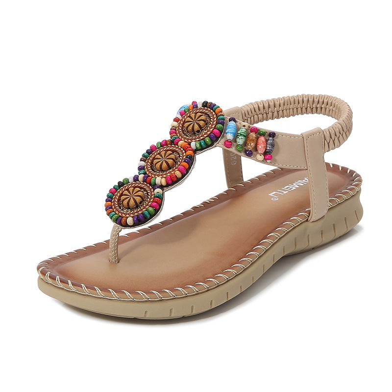 Women's Flat Sandals With A Buckle And Beads
