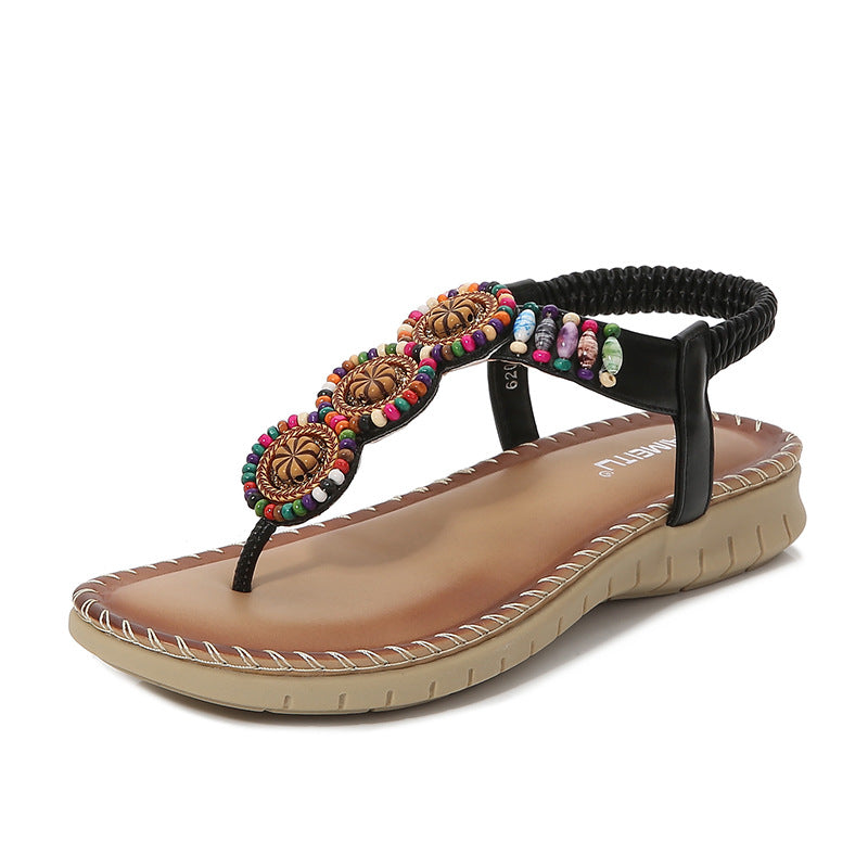 Women's Flat Sandals With A Buckle And Beads