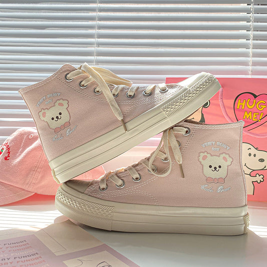 Soft Sister Pink Print Cute Bear High-Top Canvas Shoes Women