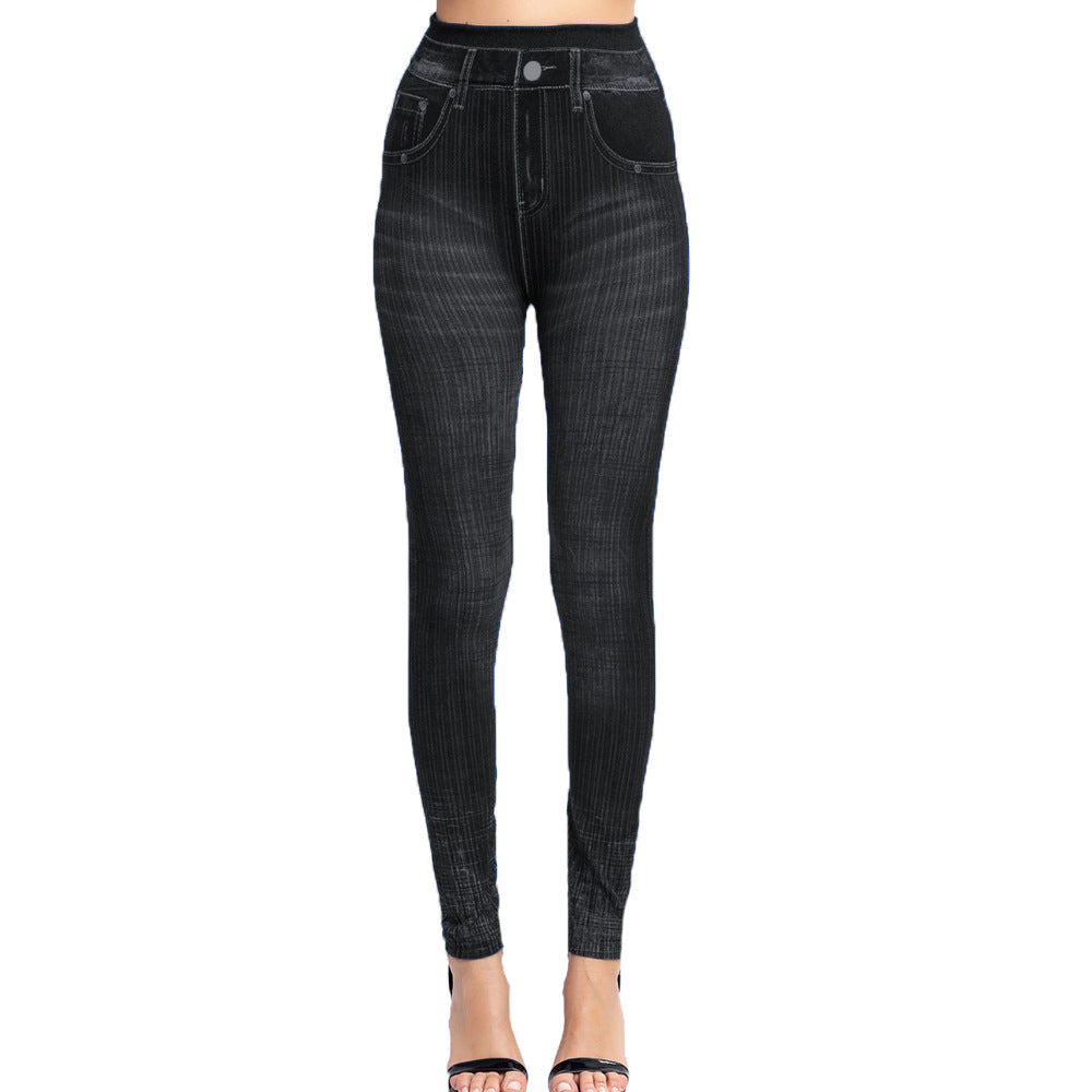Vertical Stripes Imi Tation Denim Leggings  Slim Hip Cropped Trousers