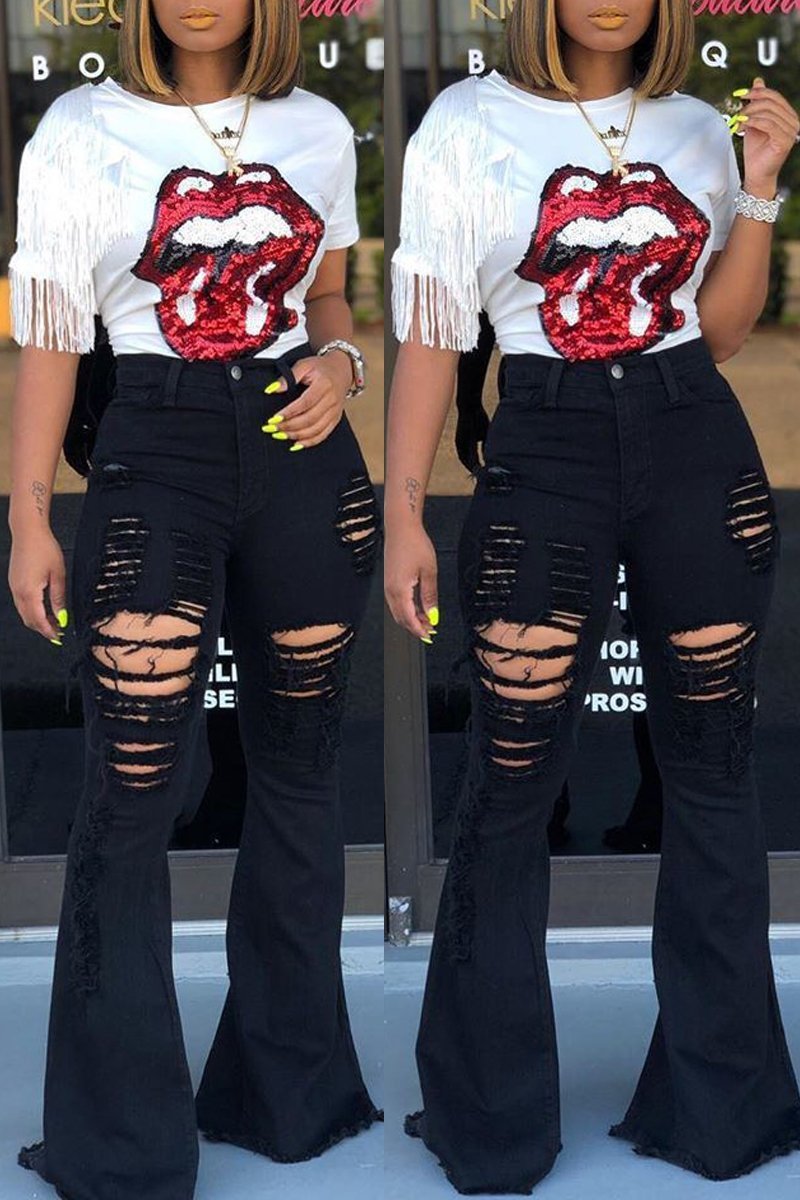 High-Waisted Retro Stretch Hip-Lifting Ripped Wide-Leg Flared Jeans
