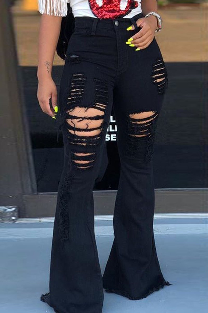 High-Waisted Retro Stretch Hip-Lifting Ripped Wide-Leg Flared Jeans