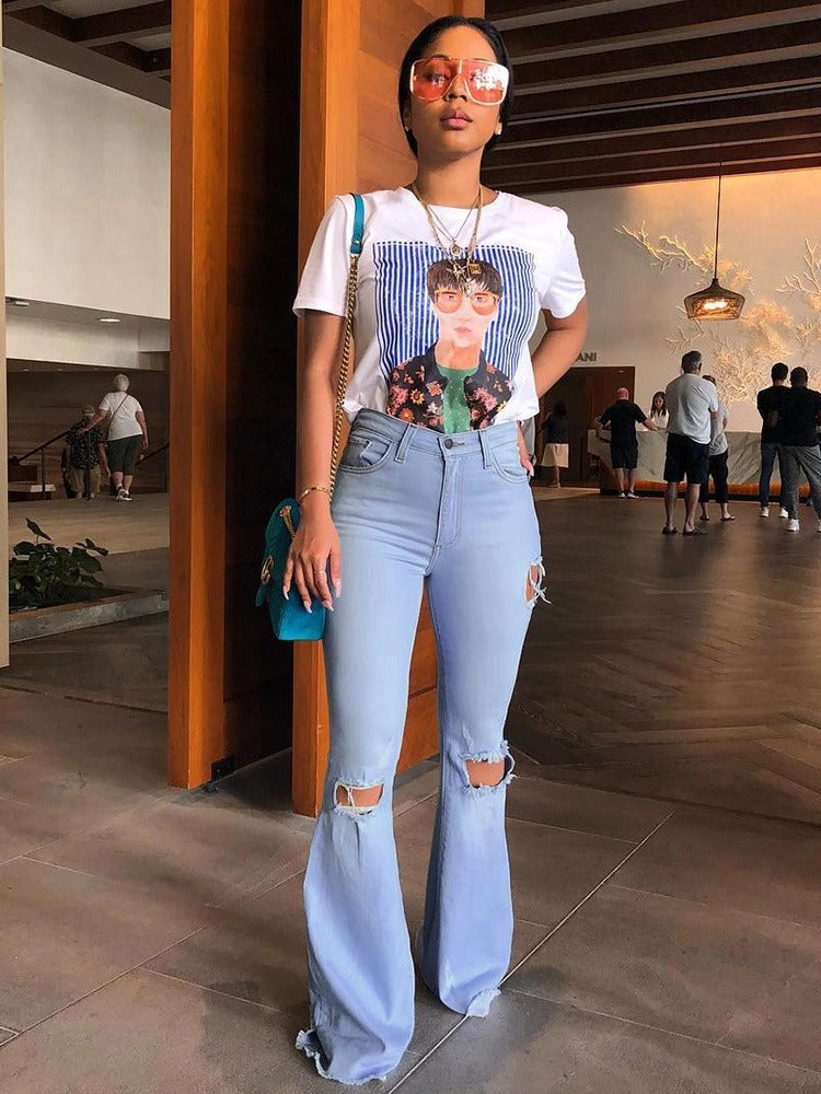 High-Waisted Retro Stretch Hip-Lifting Ripped Wide-Leg Flared Jeans