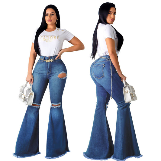 High-Waisted Retro Stretch Hip-Lifting Ripped Wide-Leg Flared Jeans