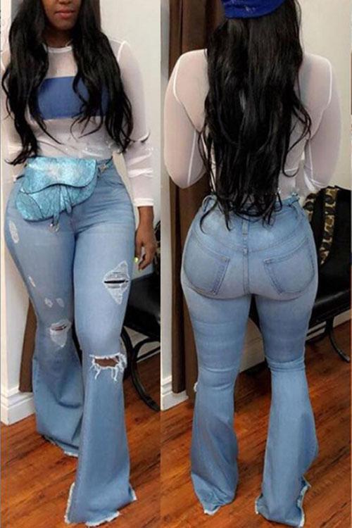High-Waisted Retro Stretch Hip-Lifting Ripped Wide-Leg Flared Jeans