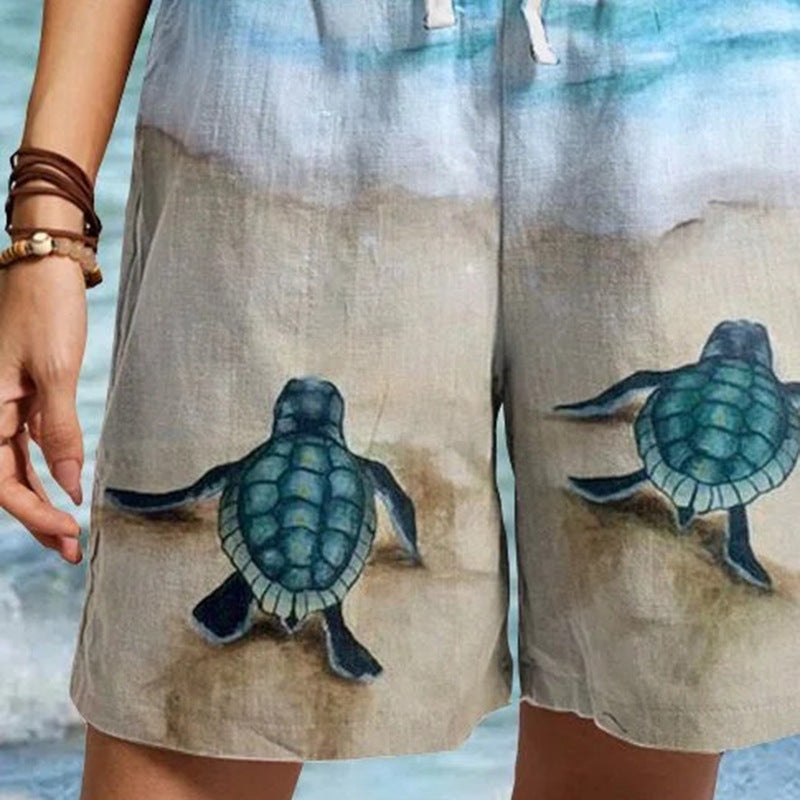 Summer Ladies Print Fashion Five-Point Pants Beach Casual Sea Turtle Women'S Shorts