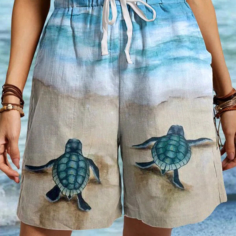 Summer Ladies Print Fashion Five-Point Pants Beach Casual Sea Turtle Women'S Shorts