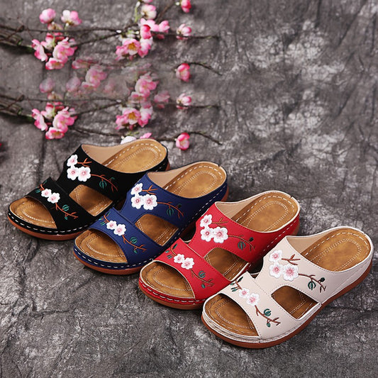 Women'S Plus Size Flower Open-Toe T-Shaped Wedge Sandals And Slippers