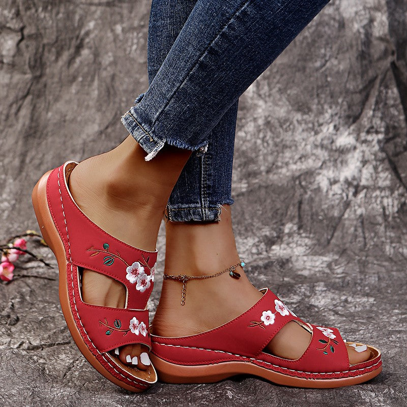 Women'S Plus Size Flower Open-Toe T-Shaped Wedge Sandals And Slippers