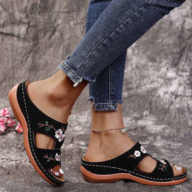Women'S Plus Size Flower Open-Toe T-Shaped Wedge Sandals And Slippers