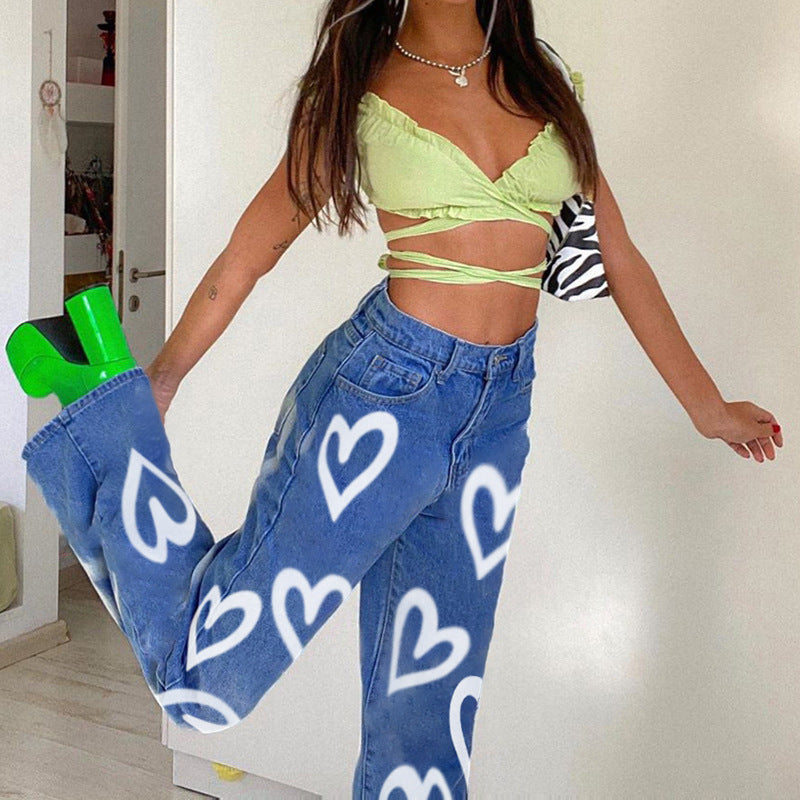Graffiti Print Loose Straight Jeans Women's Fashion High Waist Casual Pants