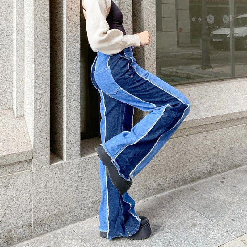 Fashion Stitching Contrast Color High Waist Slim Straight-leg Pants Casual Jeans