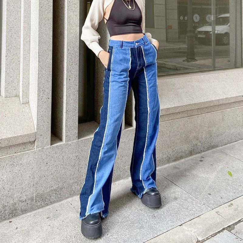 Fashion Stitching Contrast Color High Waist Slim Straight-leg Pants Casual Jeans