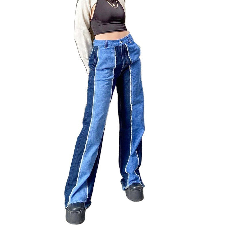 Fashion Stitching Contrast Color High Waist Slim Straight-leg Pants Casual Jeans