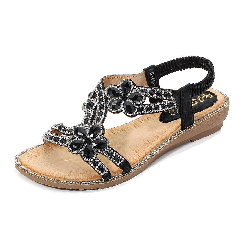 Cross-Border Large Size Flat Sandals Flower Rhinestone