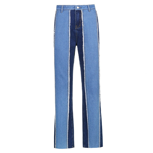 Fashion Stitching Contrast Color High Waist Slim Straight-leg Pants Casual Jeans
