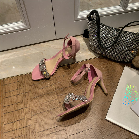 Fashion One Line Buckle Diamond Fairy Women'S Shoes High Heel Thin Heel Women'S Sandals