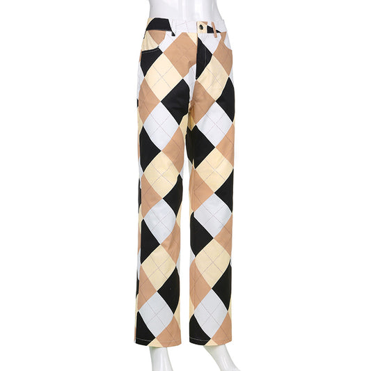 Plaid Multi Color Block Cargo Pants Women Vintage Trousers