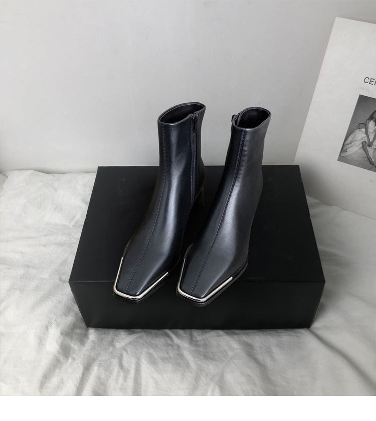 All-leather Square-Toe Zipper Thick Heel Single Boot Ankle Boots