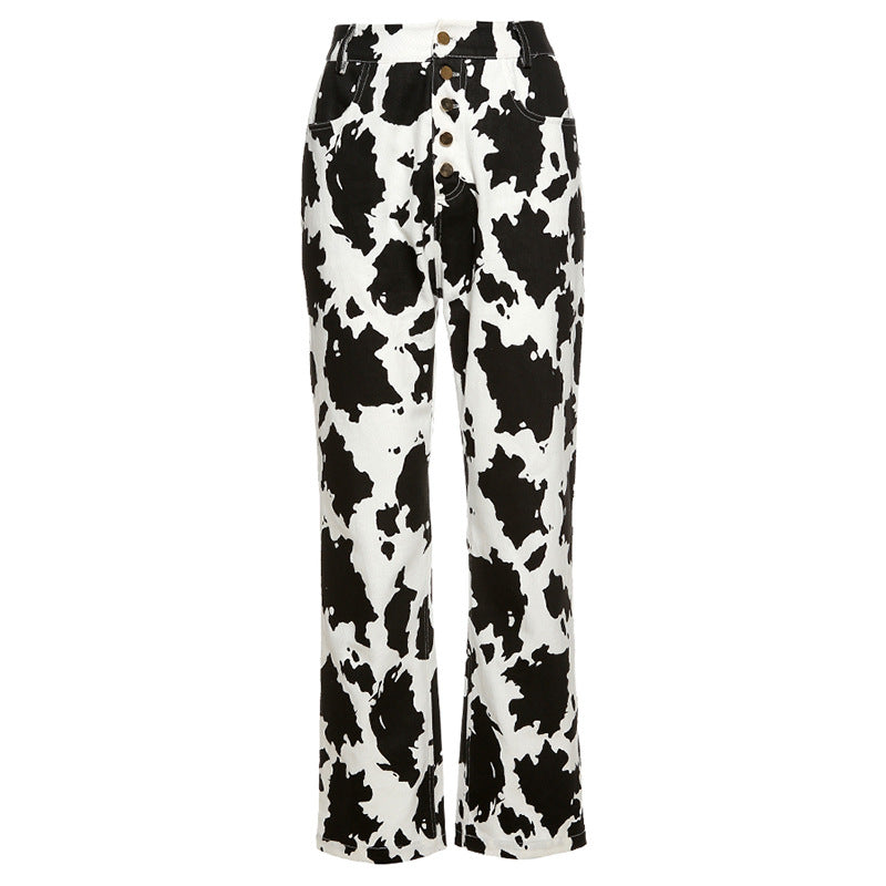 Cow Print Jeans Women's All-match Slim Straight-leg Pants