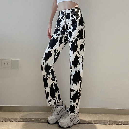 Cow Print Jeans Women's All-match Slim Straight-leg Pants