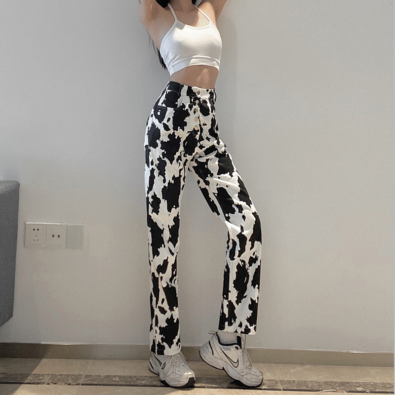 Cow Print Jeans Women's All-match Slim Straight-leg Pants
