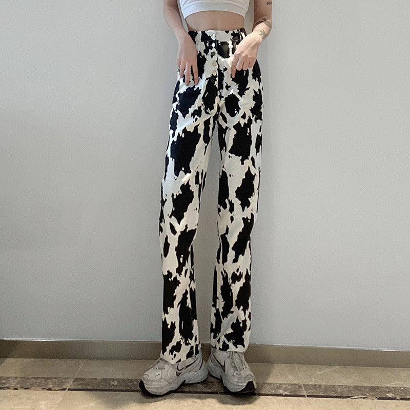 Cow Print Jeans Women's All-match Slim Straight-leg Pants