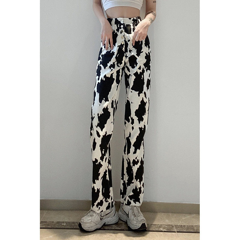 Cow Print Jeans Women's All-match Slim Straight-leg Pants