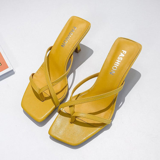 High-Heeled Slippers Women's Summer Wear Stiletto Heel New Fashion Korean Style Set Toe Mid-Heel Cross Sandals And Slippers Women