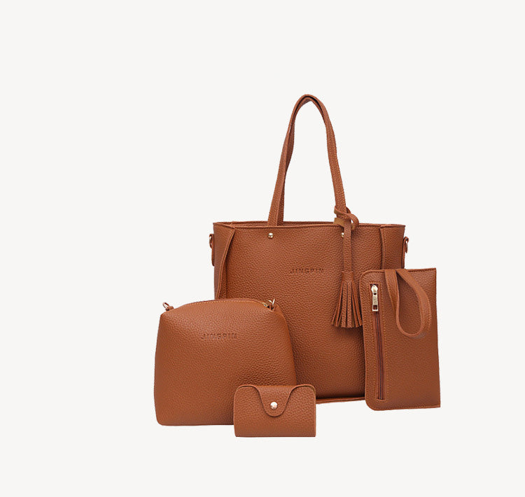 Korean Version Of Solid Color Tassel Single Shoulder Handbag Four-Piece Female Bag