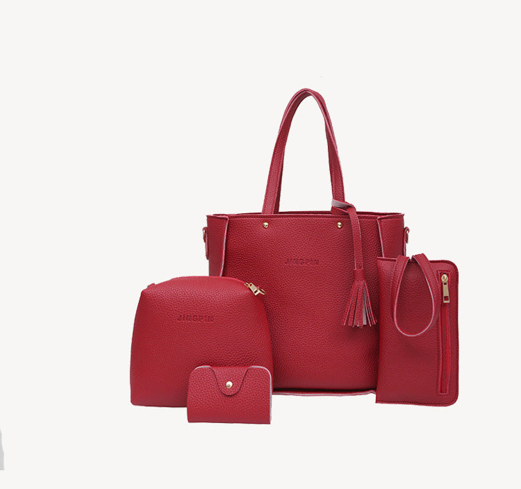 Korean Version Of Solid Color Tassel Single Shoulder Handbag Four-Piece Female Bag
