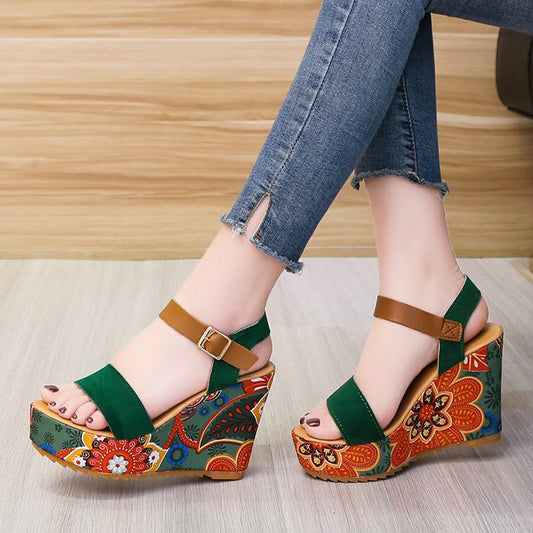 Ethnic Style Embroidered Buckle Open-toe High-heel Sandals