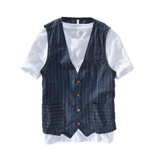 Men's Cotton And Linen Striped Vest Loose