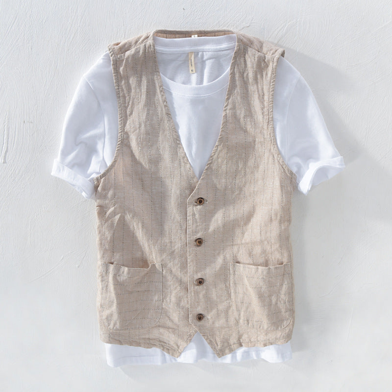 Men's Cotton And Linen Striped Vest Loose