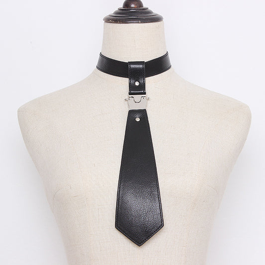 Punk Couple Style Silver Metal Buckle Adjustable Black Leather Tie