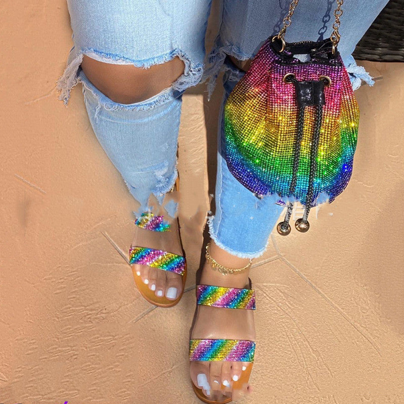 Rainbow Rhinestone Fashion Fine Flashing One-Shoulder Adjustable Chain Bag