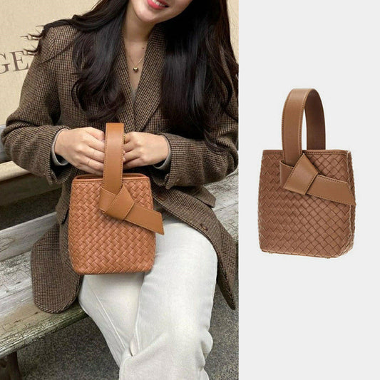 Woven Lace Up Portable Bucket Bag Women'S One Shoulder Messenger Bag