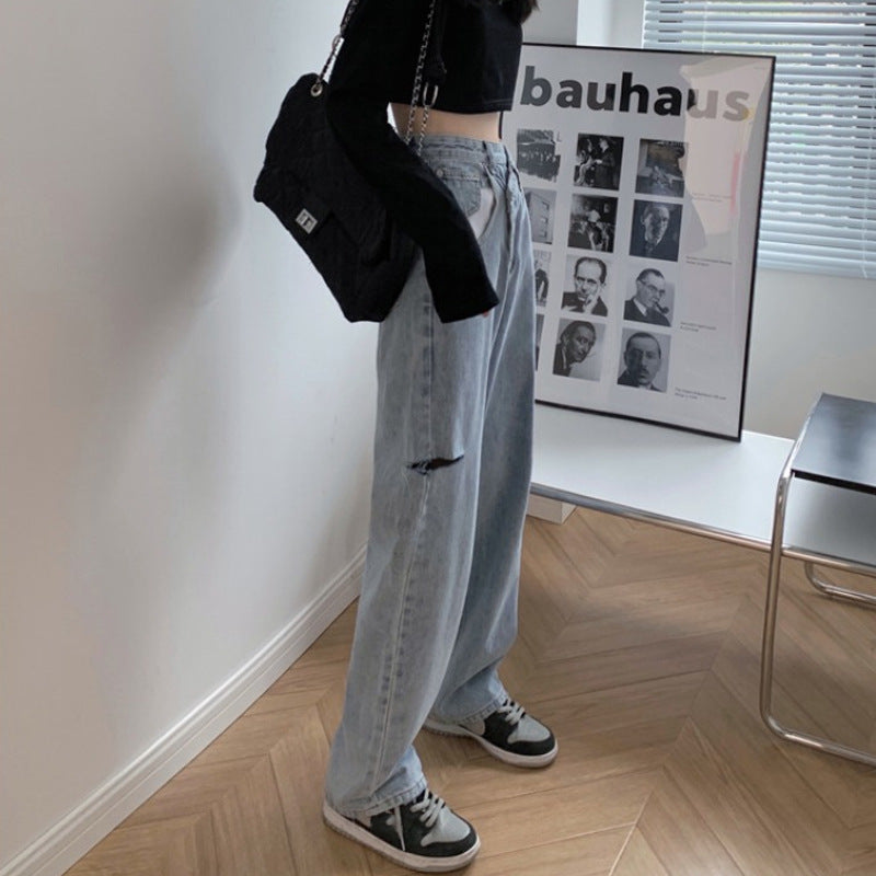 High-rise Wide-leg Casual Straight-leg Mopping Jeans