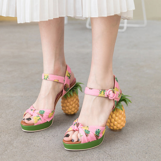 Fish Mouth Sandals Color Matching Printed Leather Super High Heels Pineapple Sandals Women