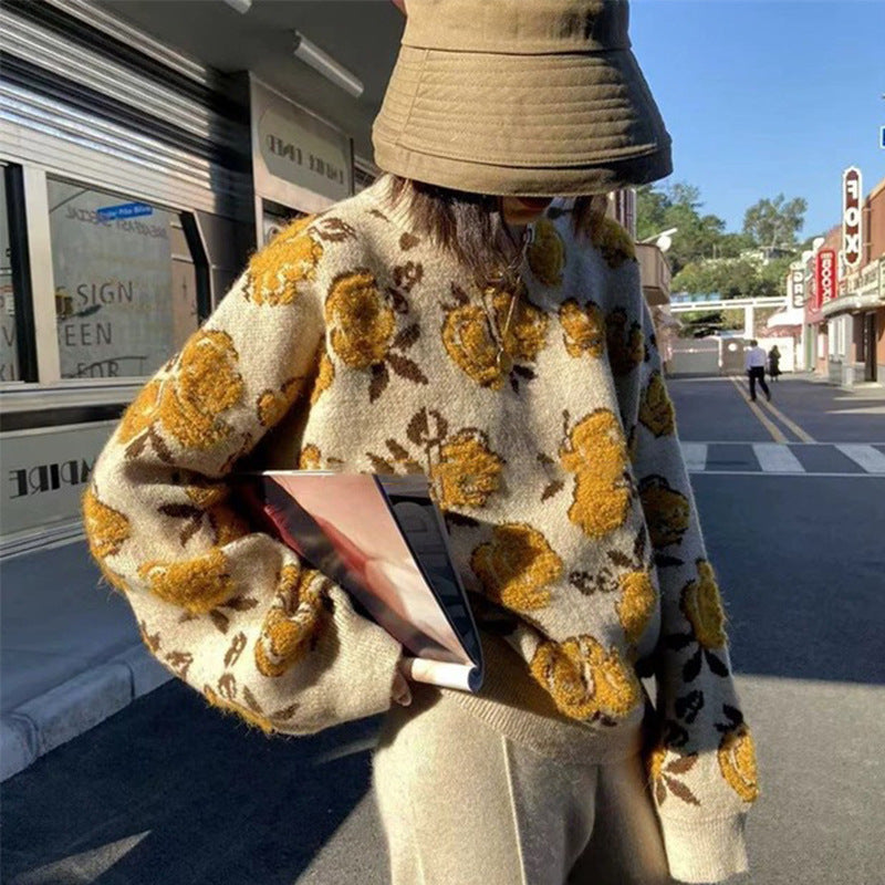 Nomikuma Vintage Flower Sweater Women Autumn New Knitted Tops O Neck Long Sleeve Retro Loose Pullover Jumpers Sueter Mujer 3c517