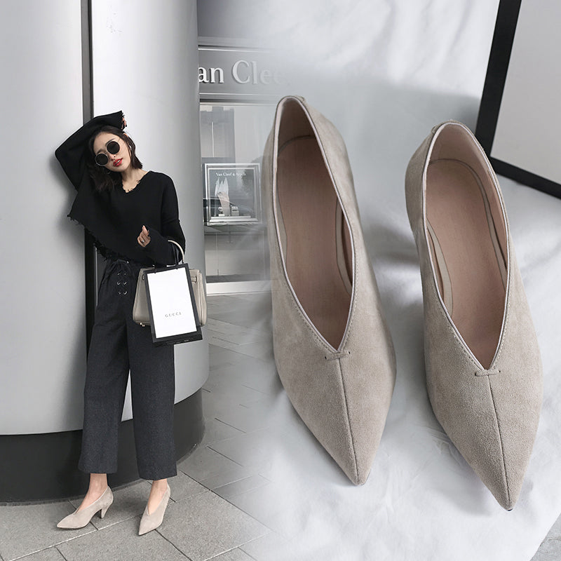 Leather Pointed Toe High-Heeled Deep V-Mouth Single Shoes Low-Top Women'S Shoes