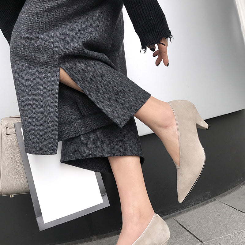 Leather Pointed Toe High-Heeled Deep V-Mouth Single Shoes Low-Top Women'S Shoes