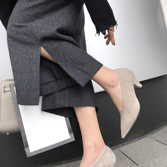 Leather Pointed Toe High-Heeled Deep V-Mouth Single Shoes Low-Top Women'S Shoes